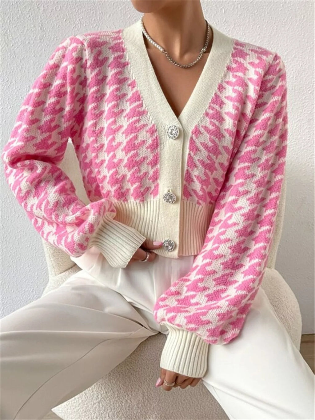 Houndstooth V-Neck Button Up Cardigan