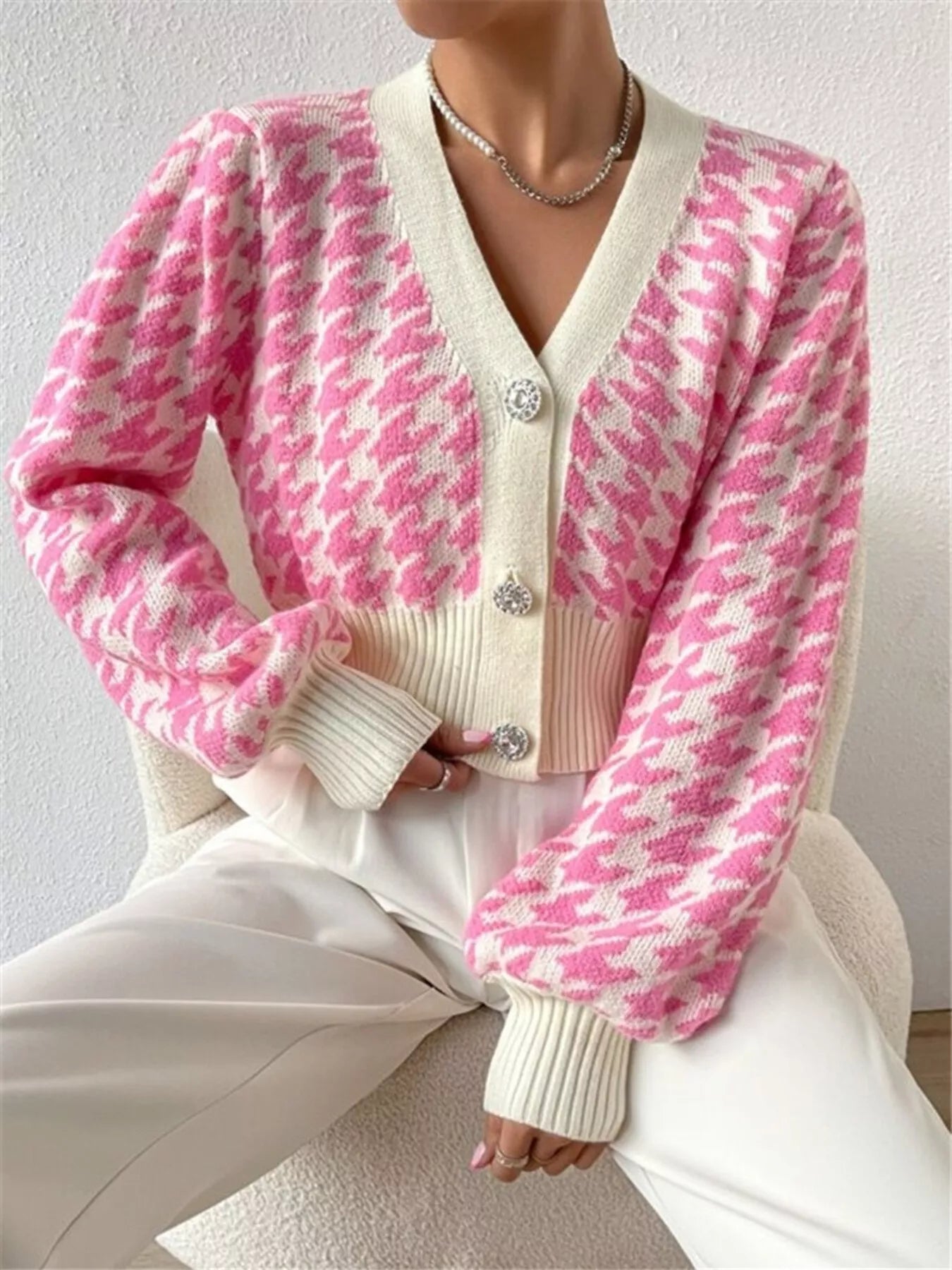 Houndstooth V-Neck Button Up Cardigan
