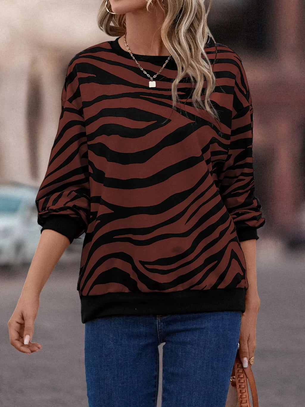 Zebra Print Round Neck Casual Sweatshirt