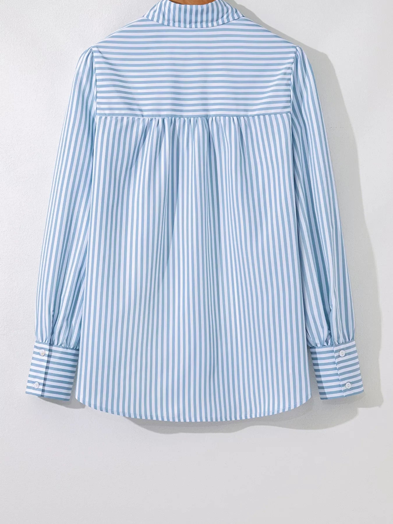 Stripe Shirred Detail Half Placket Collared Long Sleeve Shirt