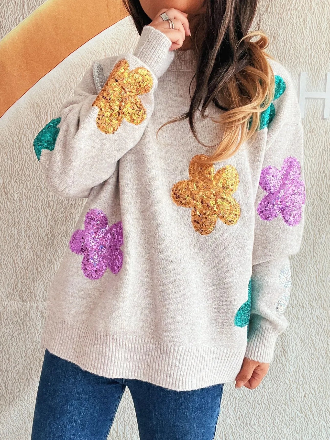 Sequin Flower Round Neck Long Sleeve Sweater
