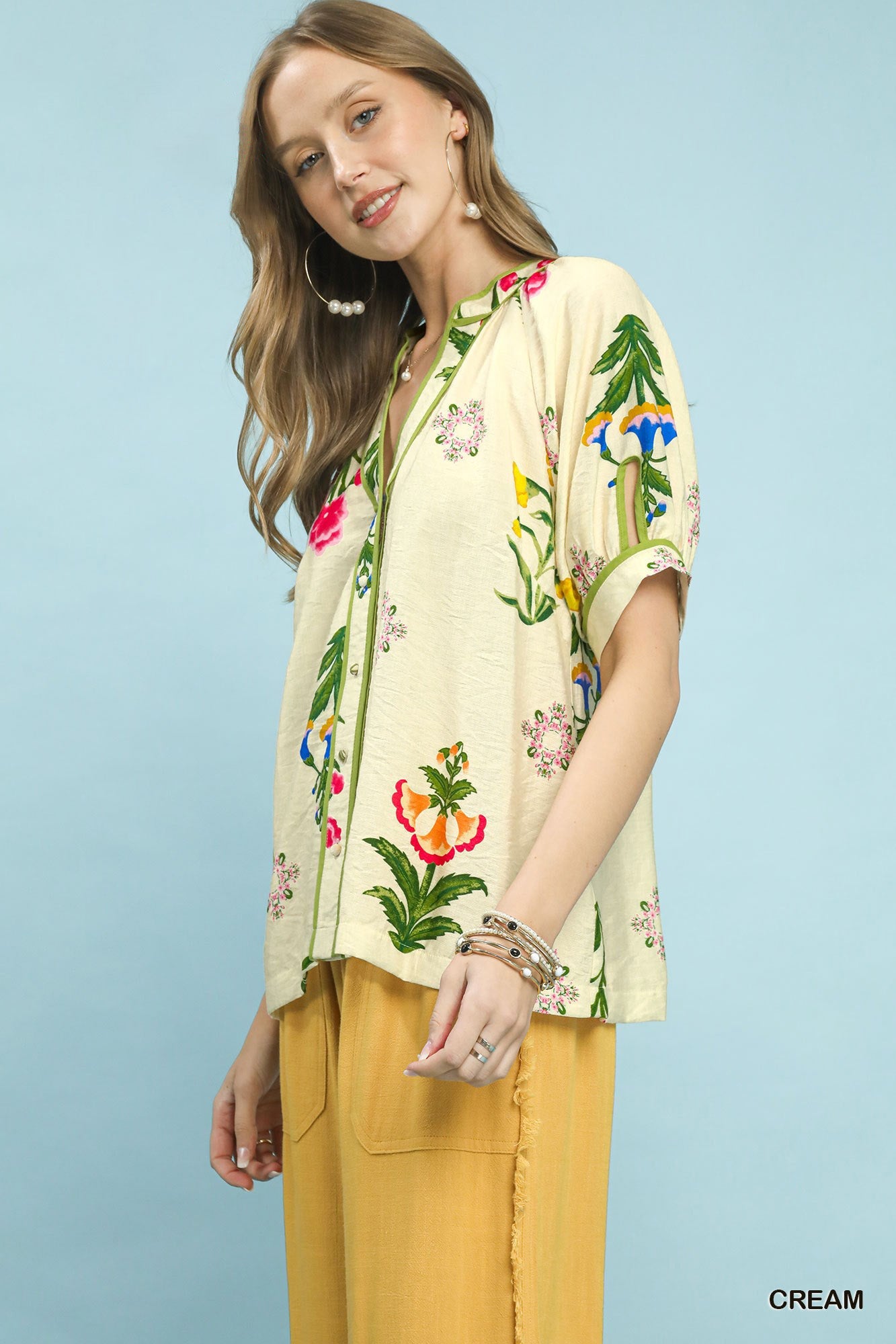Umgee Botanical Print Contrast Trim Button Blouse
