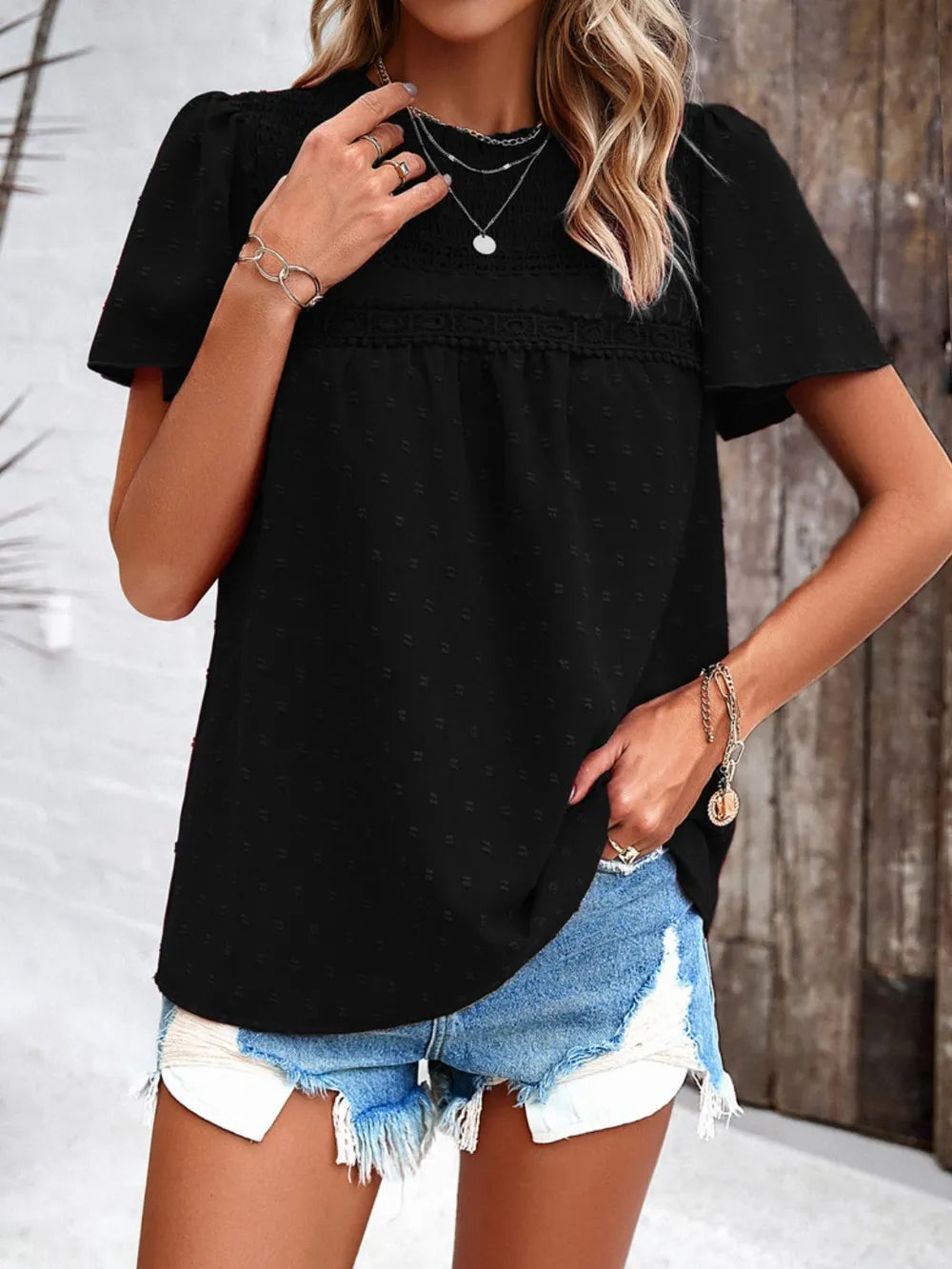 Devine Swiss Dot Smocked Round Neck Short Sleeve Blouse