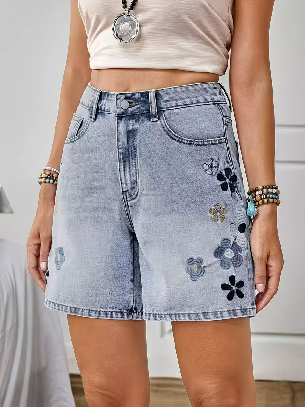 Embroidered Floral Denim Shorts