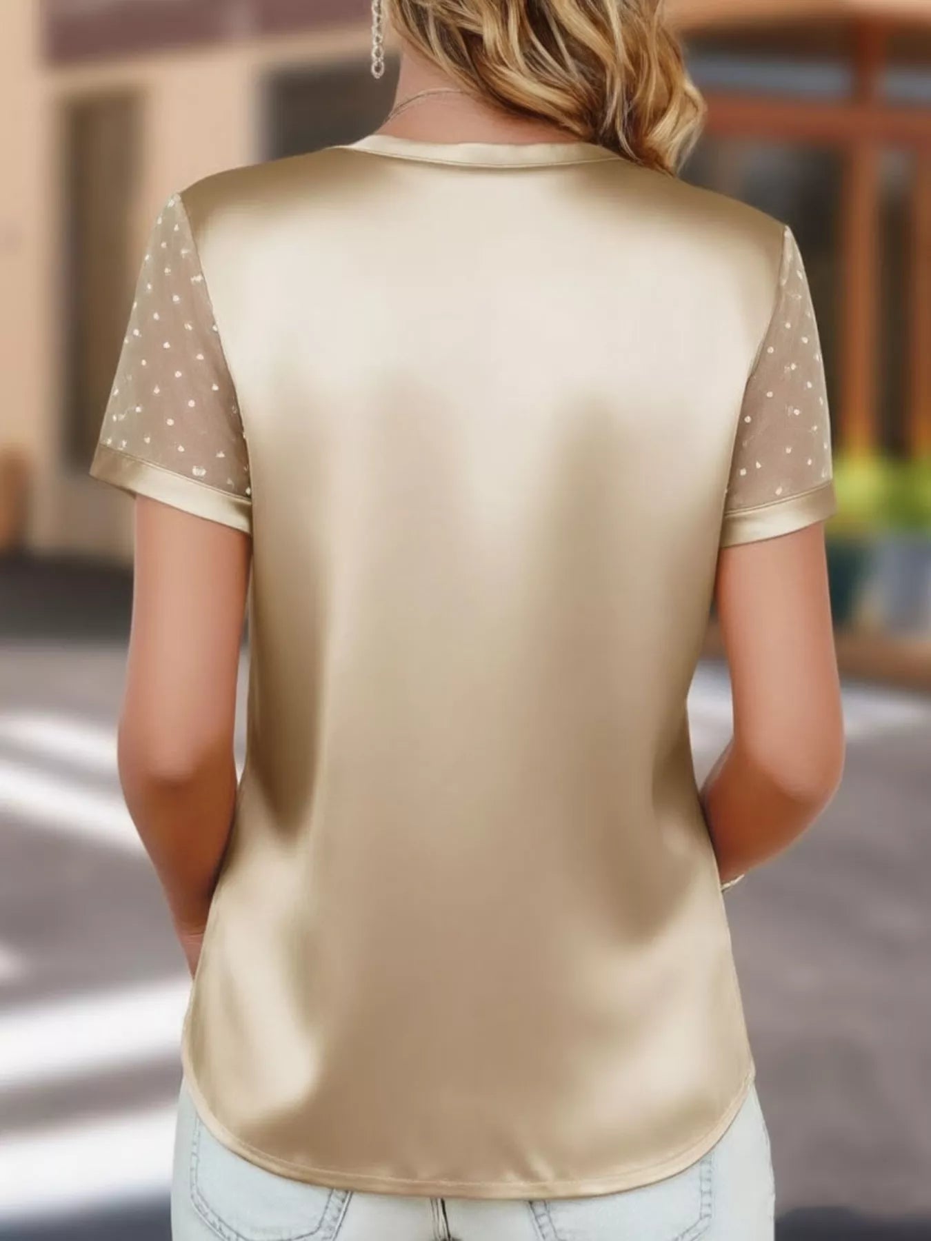 Polka Dot Mesh Sleeve Satin Short Sleeve Top
