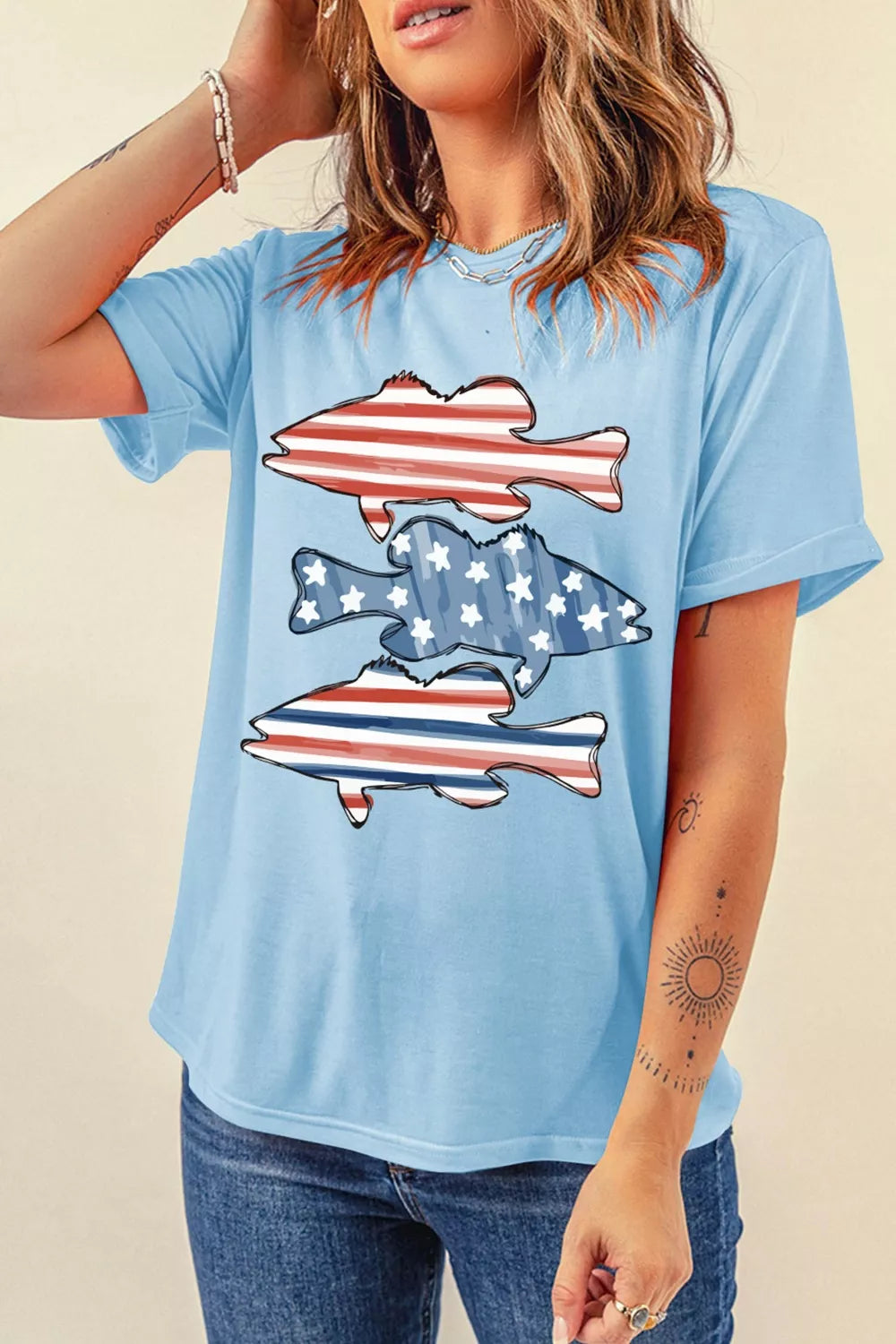 Patriotic Fish Graphic Short Sleeve T-Shirt