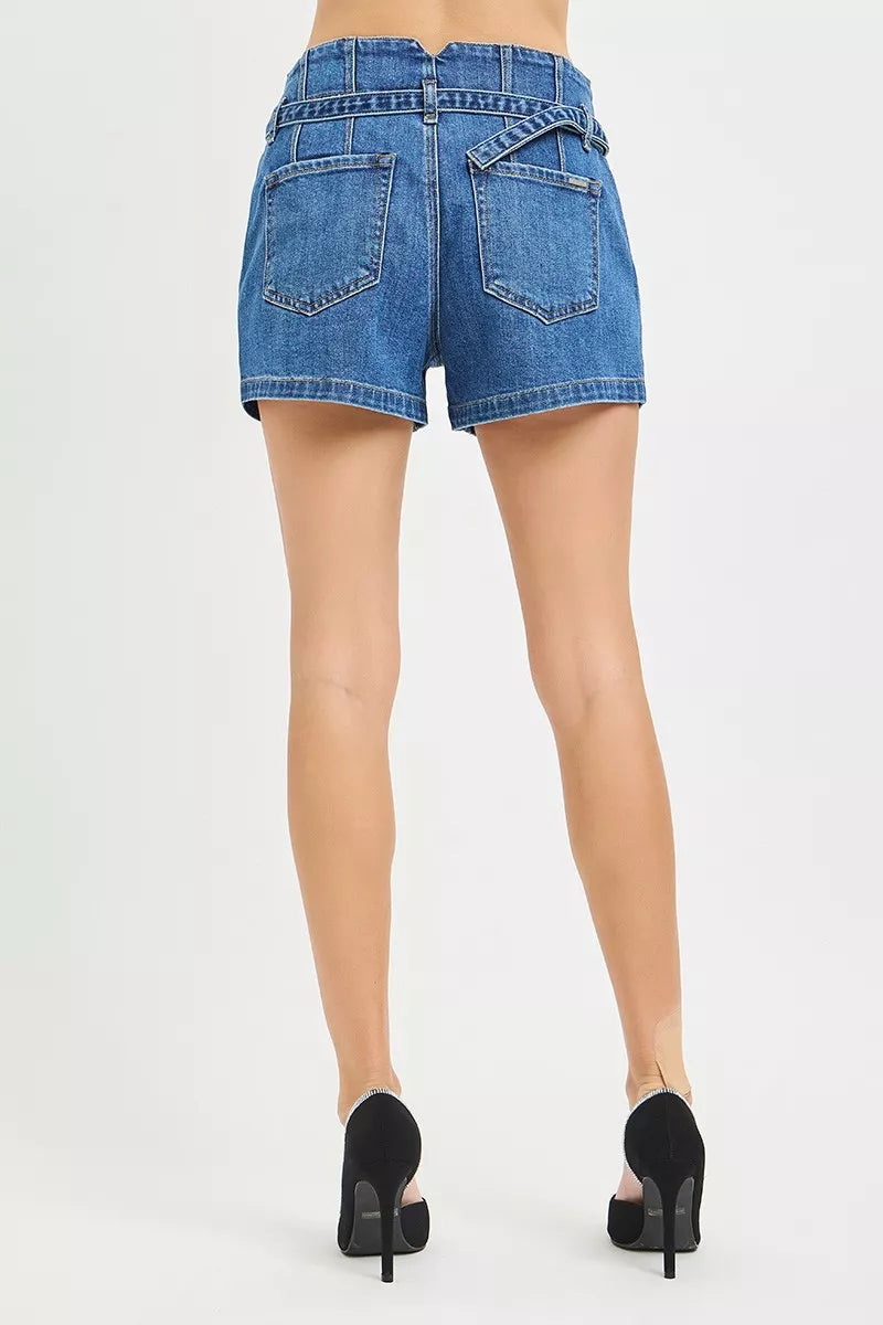 RISEN Double Button Slouchy Denim Shorts with Belt