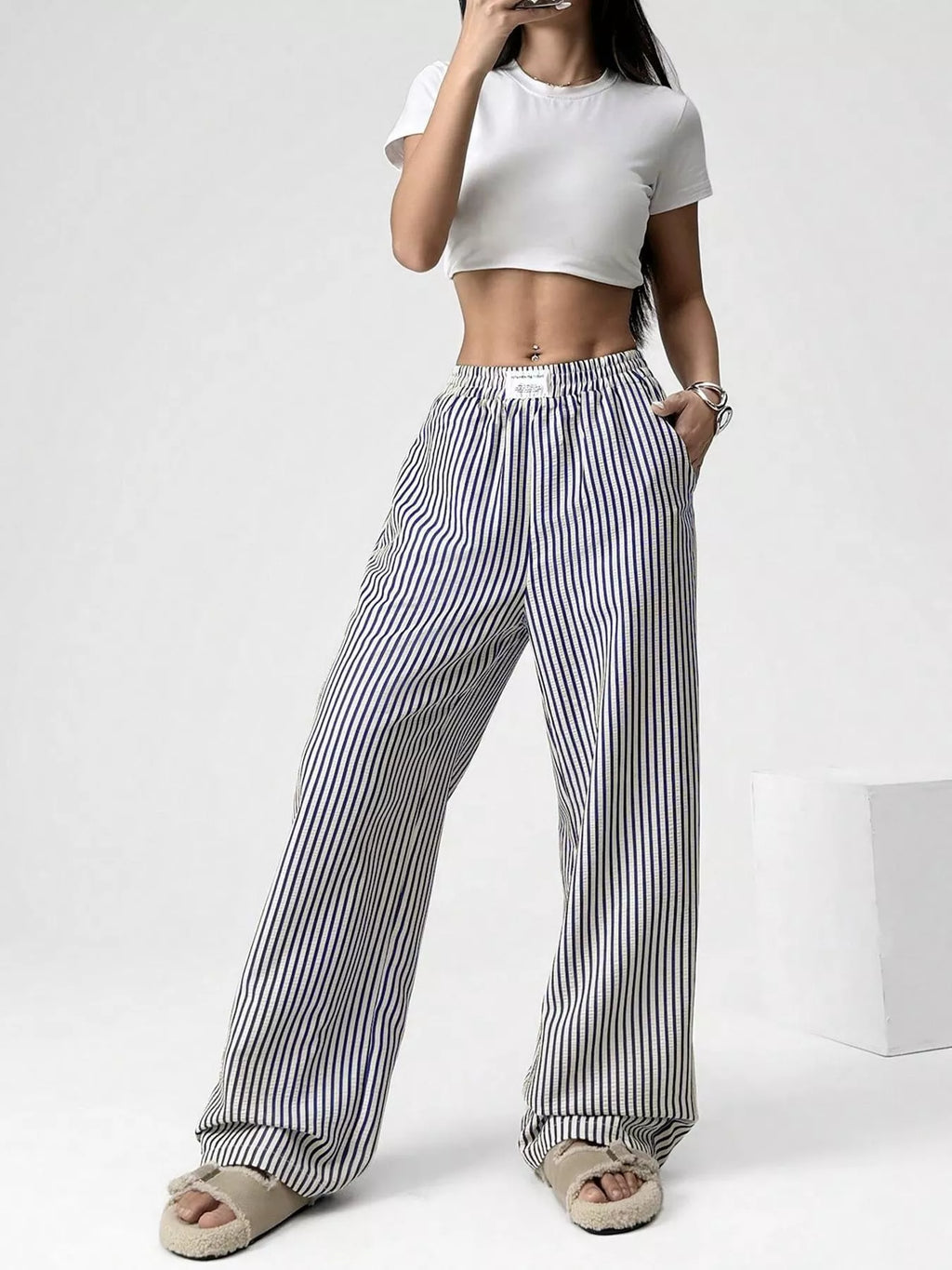 Striped High-Waisted Wide Leg Pants