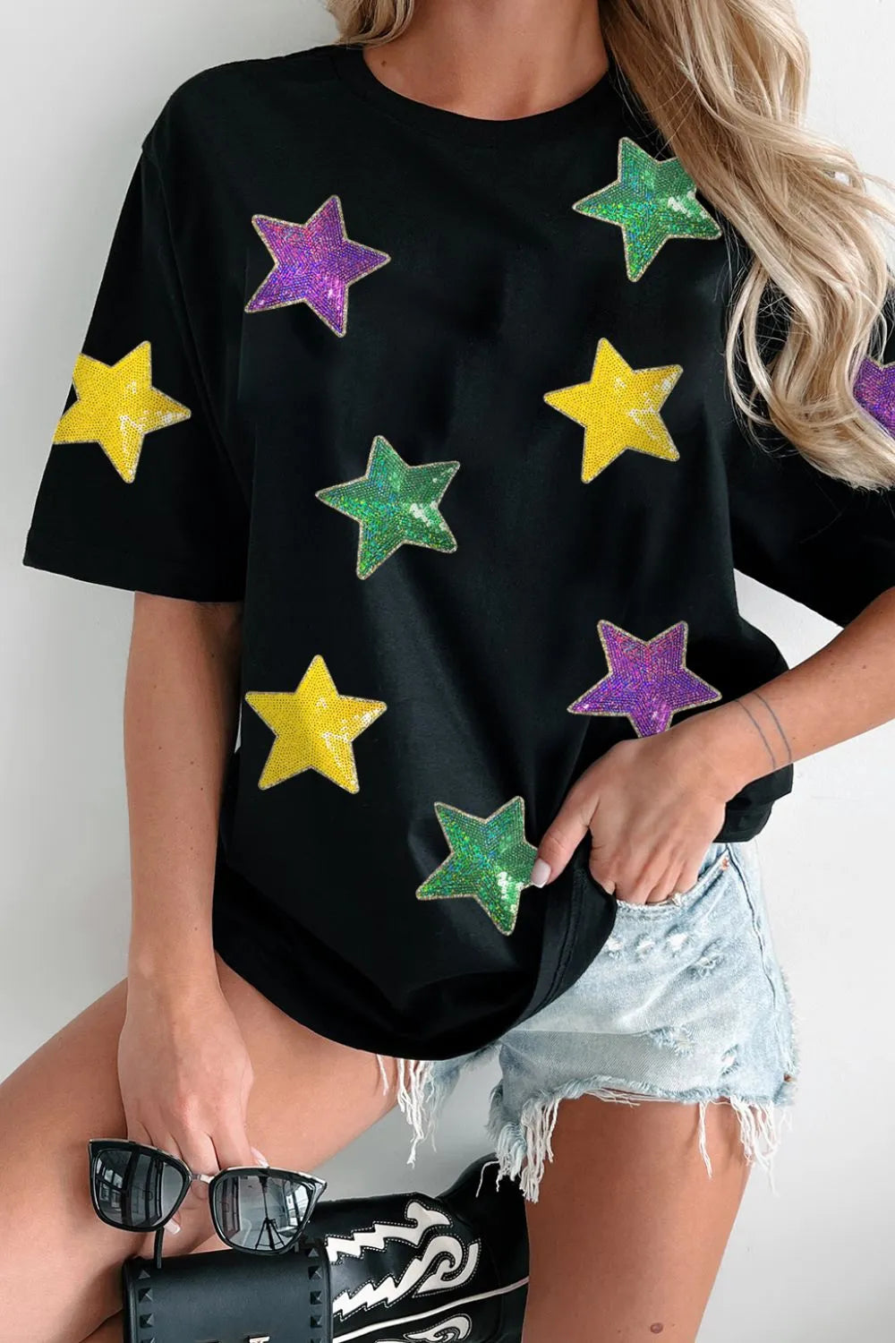 Sequin Stars Patched Round Neck T-Shirt