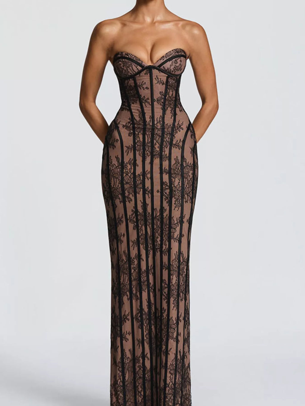 Lace Up Back Strapless Maxi Dress