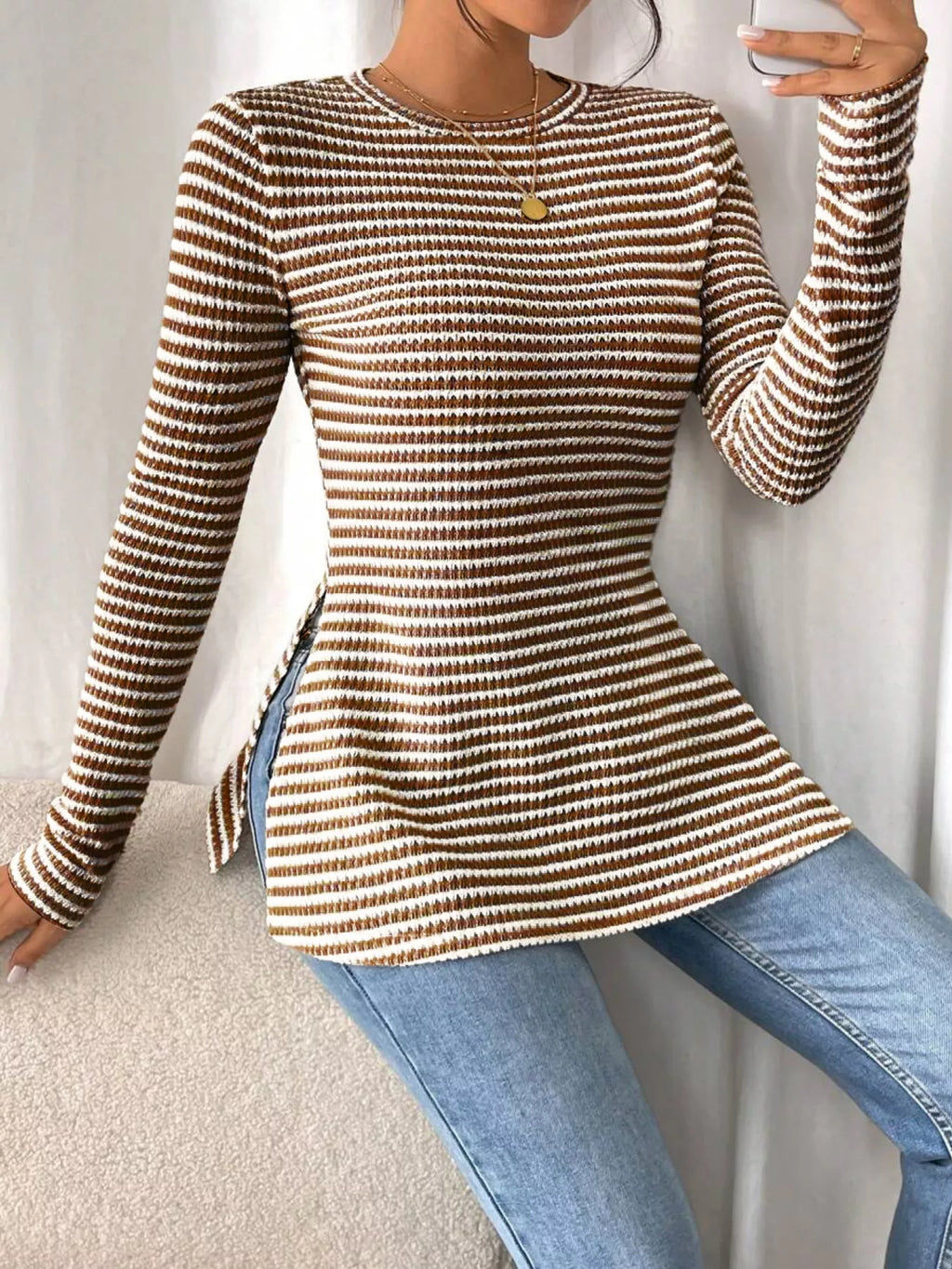 Slit Striped Long Sleeve Casual T-Shirt