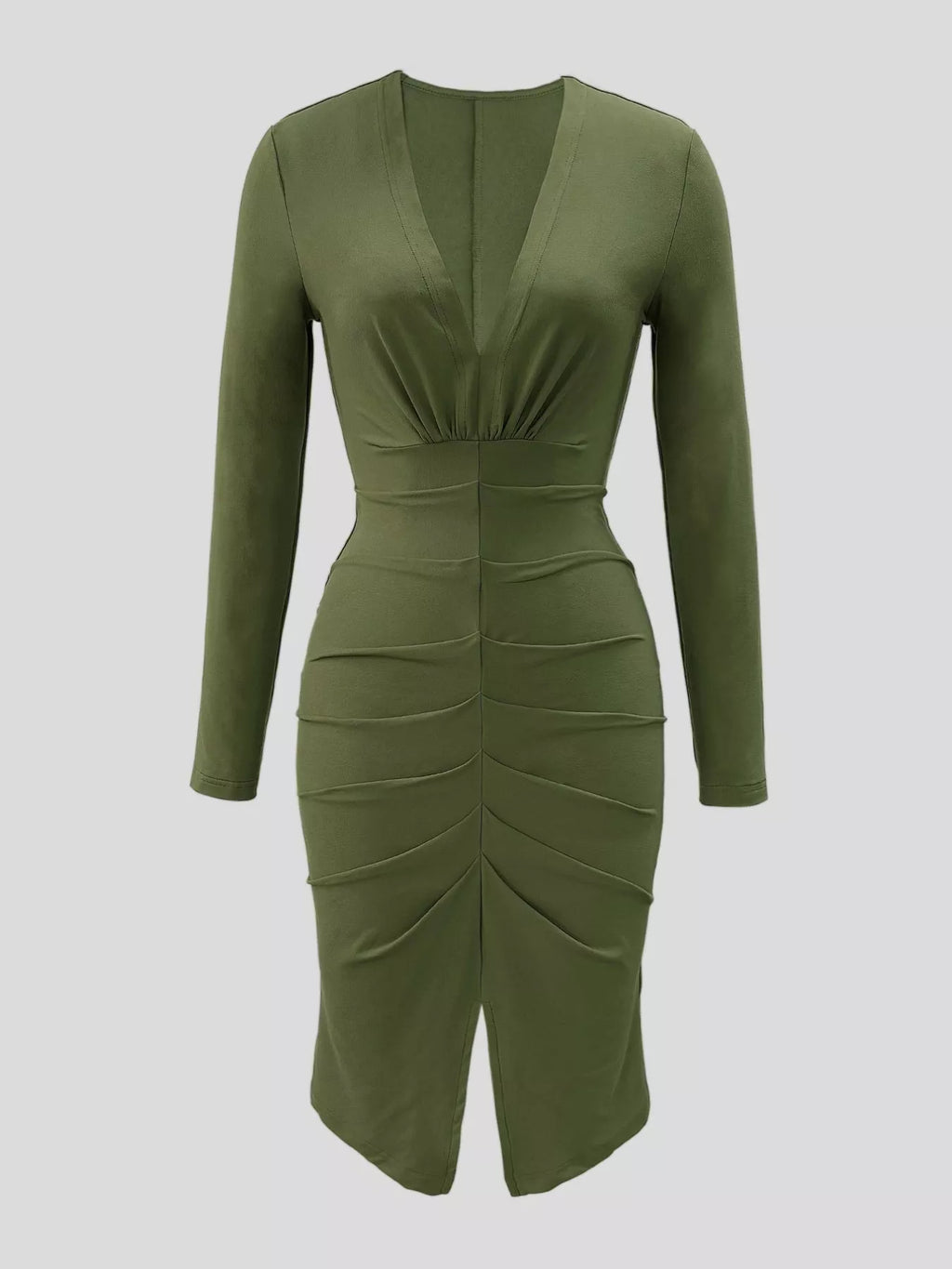 Ruched Deep V-Neck Bodycon Midi Dress