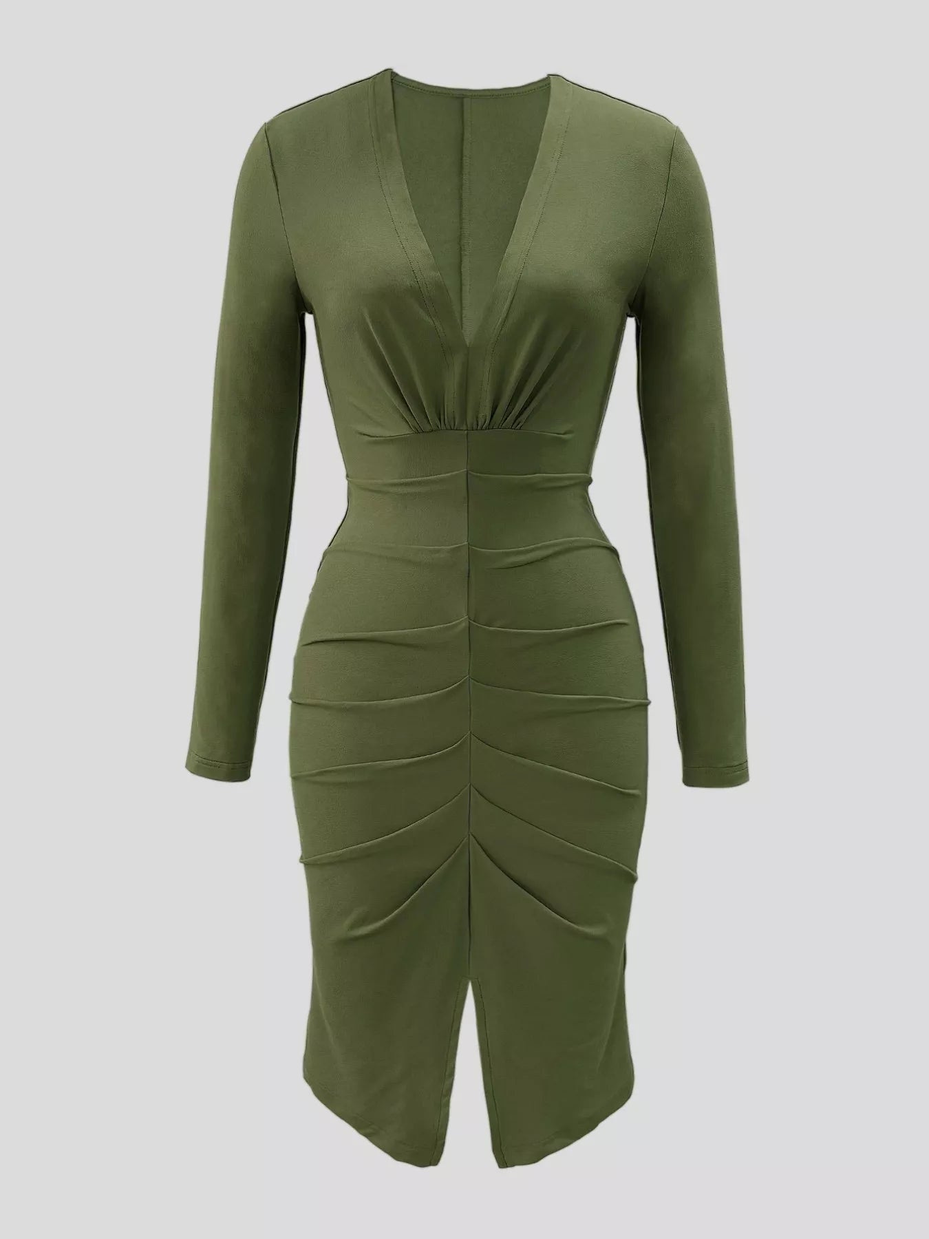 Ruched Deep V-Neck Bodycon Midi Dress