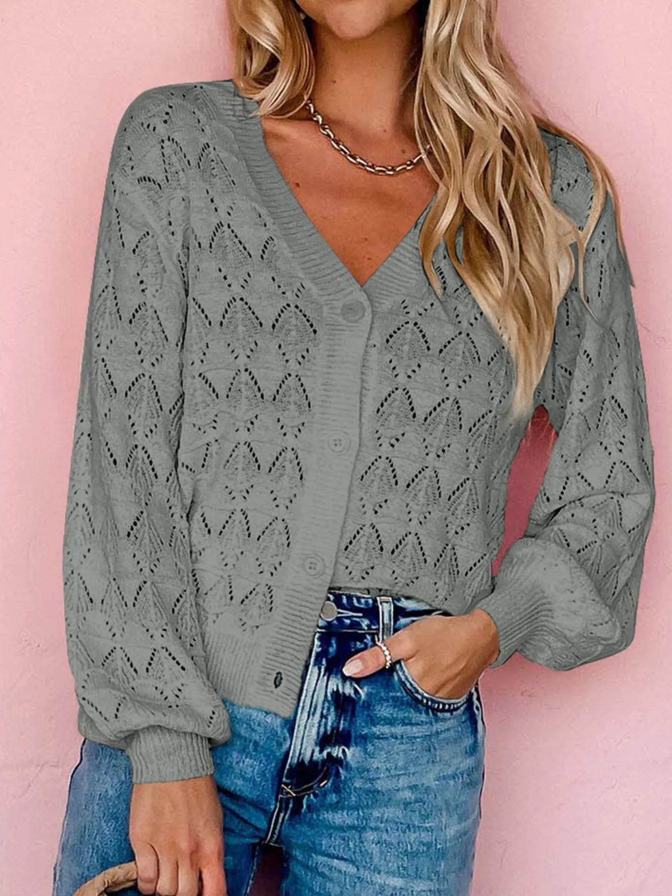 Buttoned Front Openwork Cardigan