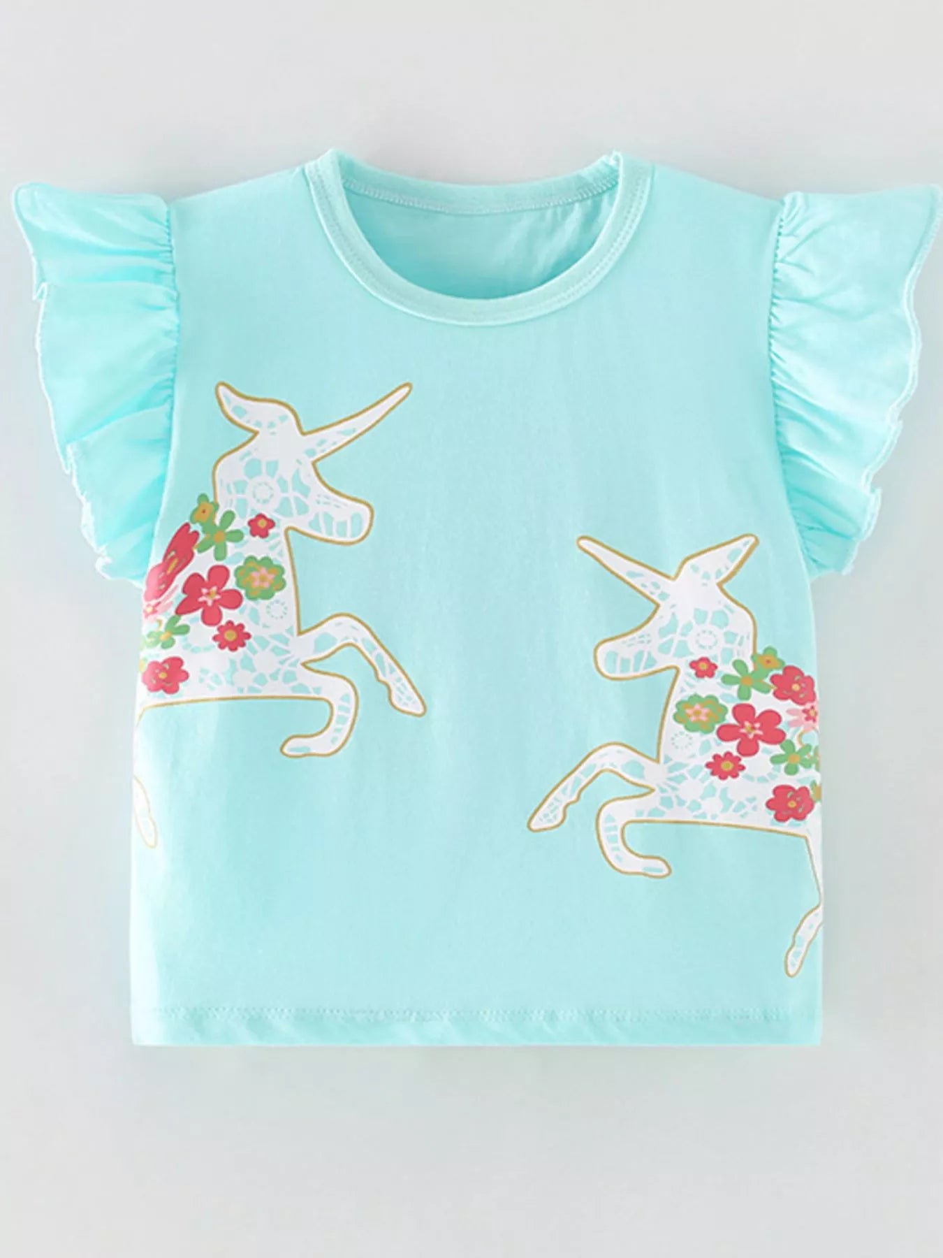 Children's Cute Unicorn Floral Print Ruffle Sleeve T-Shirt