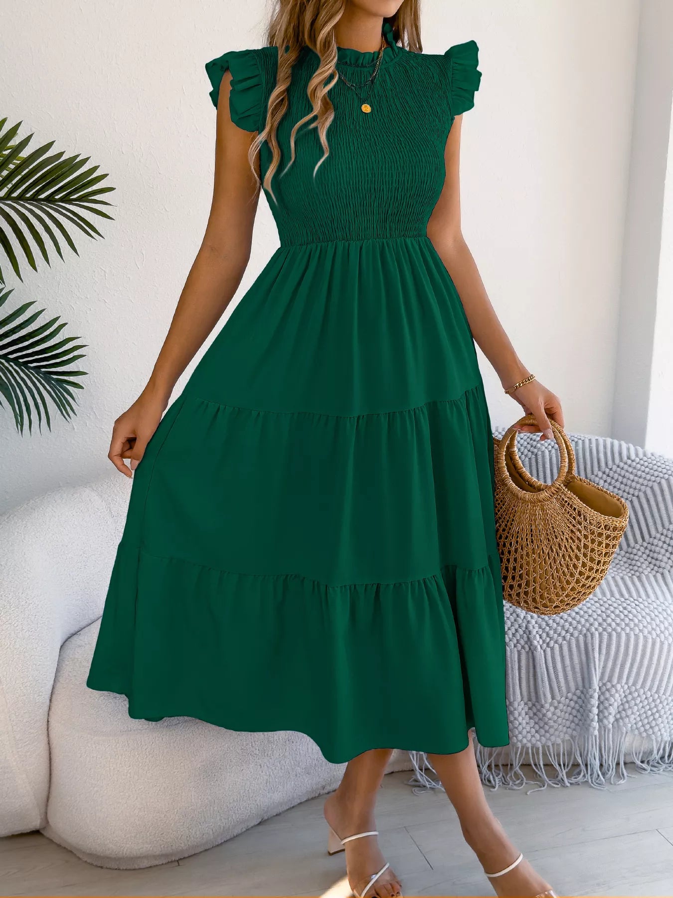 Smocked Ruffled Cap Sleeve Dress