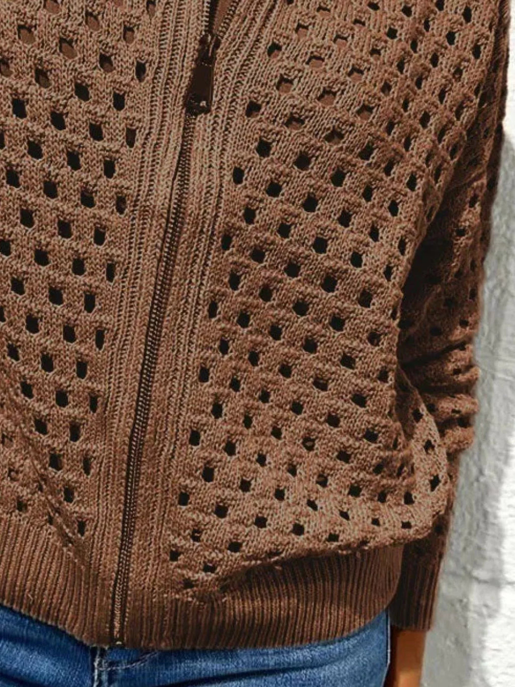 Full Size Zip Up Long Sleeve Cardigan with Eyelet Detail Plus Size