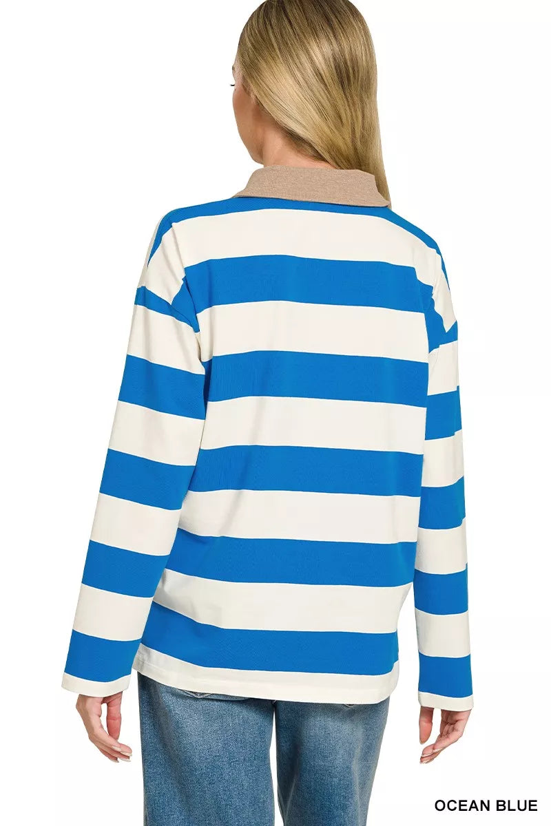 Zenana Striped Contrast Collar Polo Top