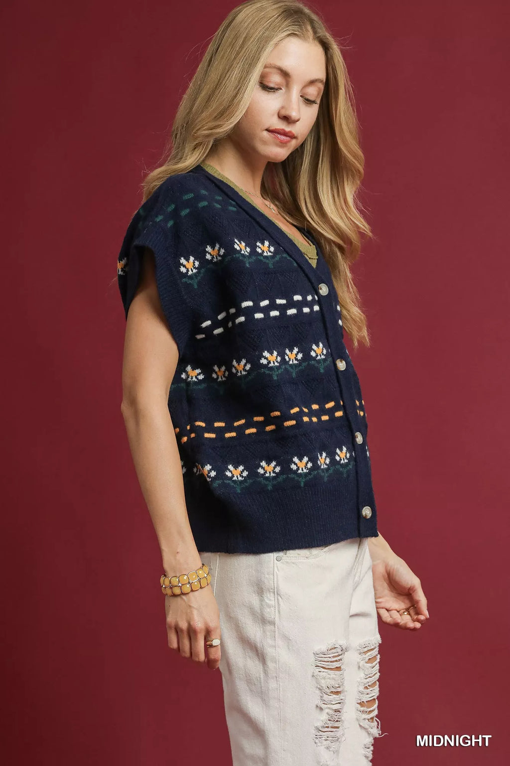 Umgee Button-Down Knit Vest with Floral Pattern
