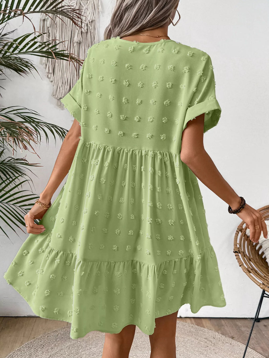 Swiss Dot V-Neck Tiered Mini Dress