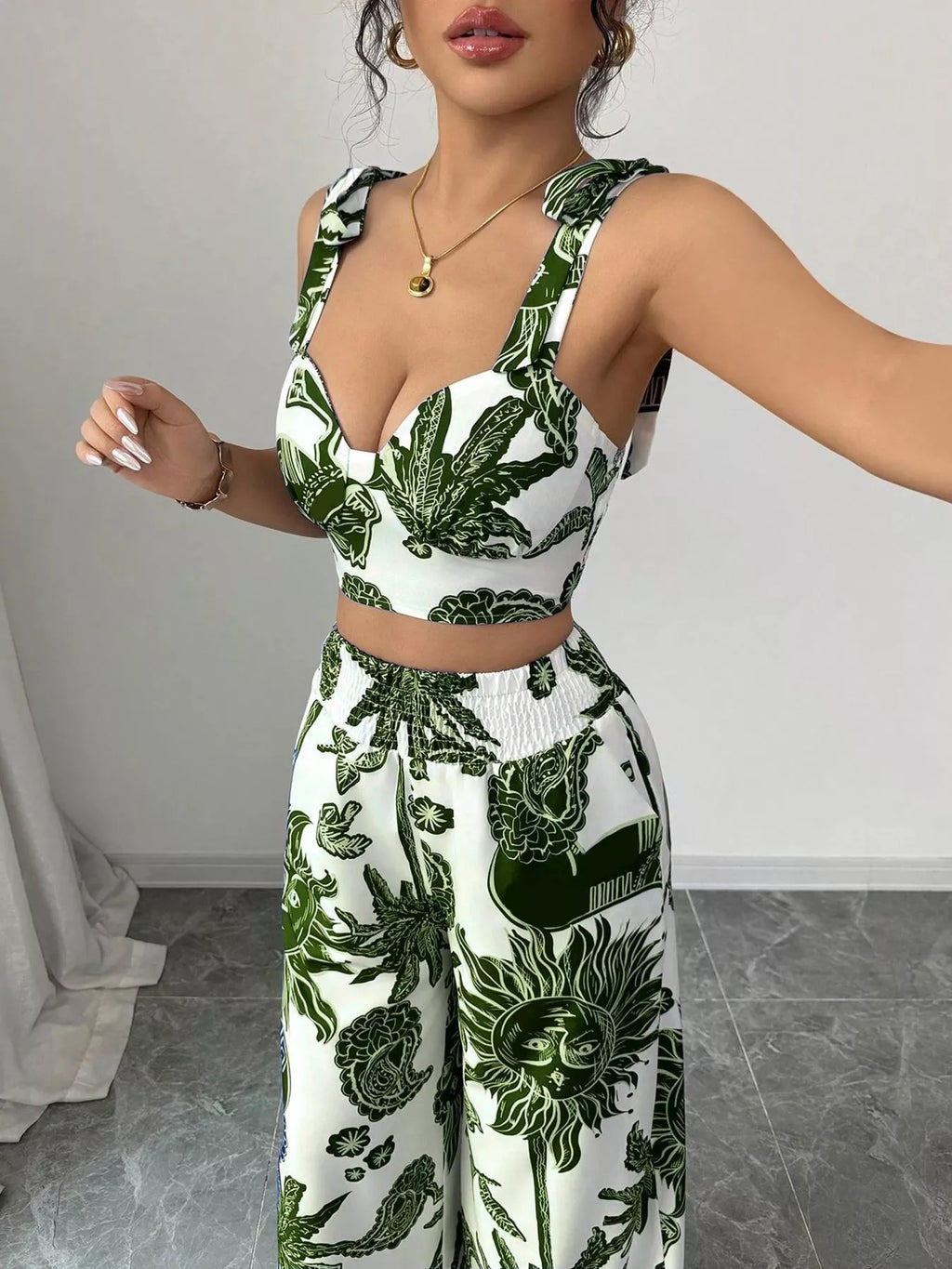 Floral Print Crop Top and Wide Leg Pants Set