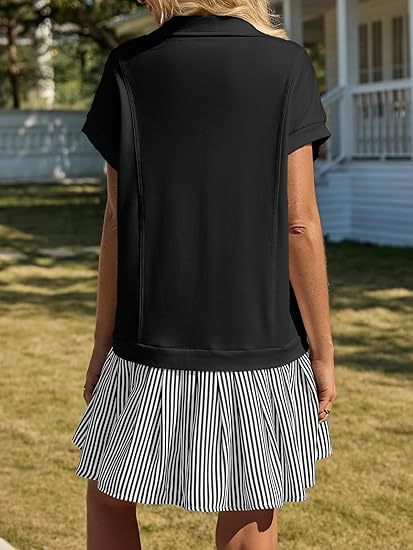 Fisoew Striped Patchwork Polo V‑Neck Mini Dress with Pockets