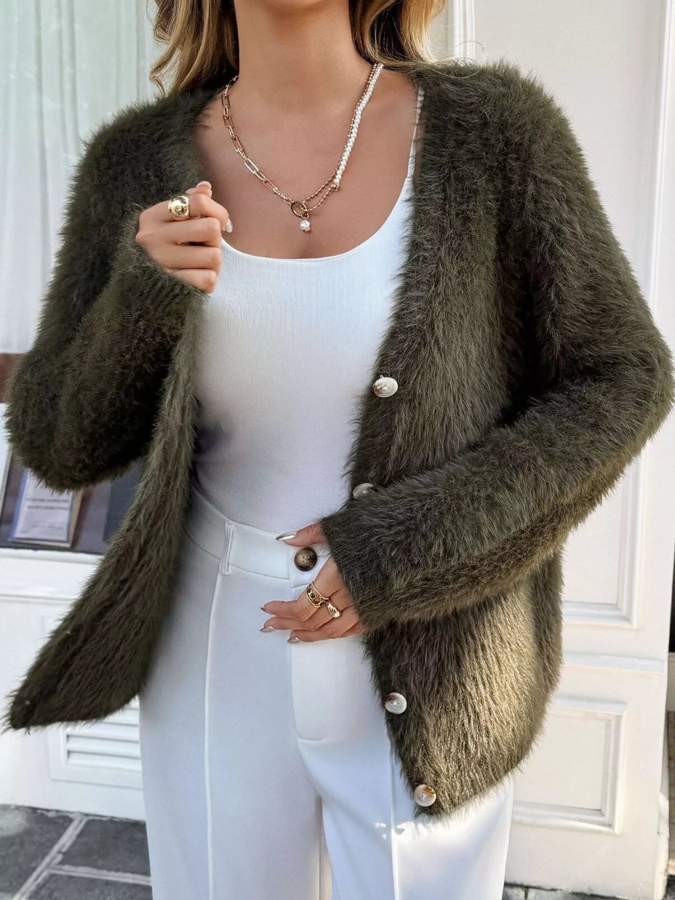Fuzzy Knit Button-Up Cardigan