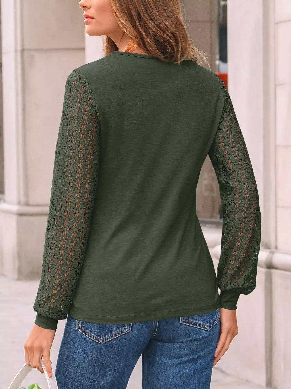 Lace Sleeve Crew Neck T-Shirt