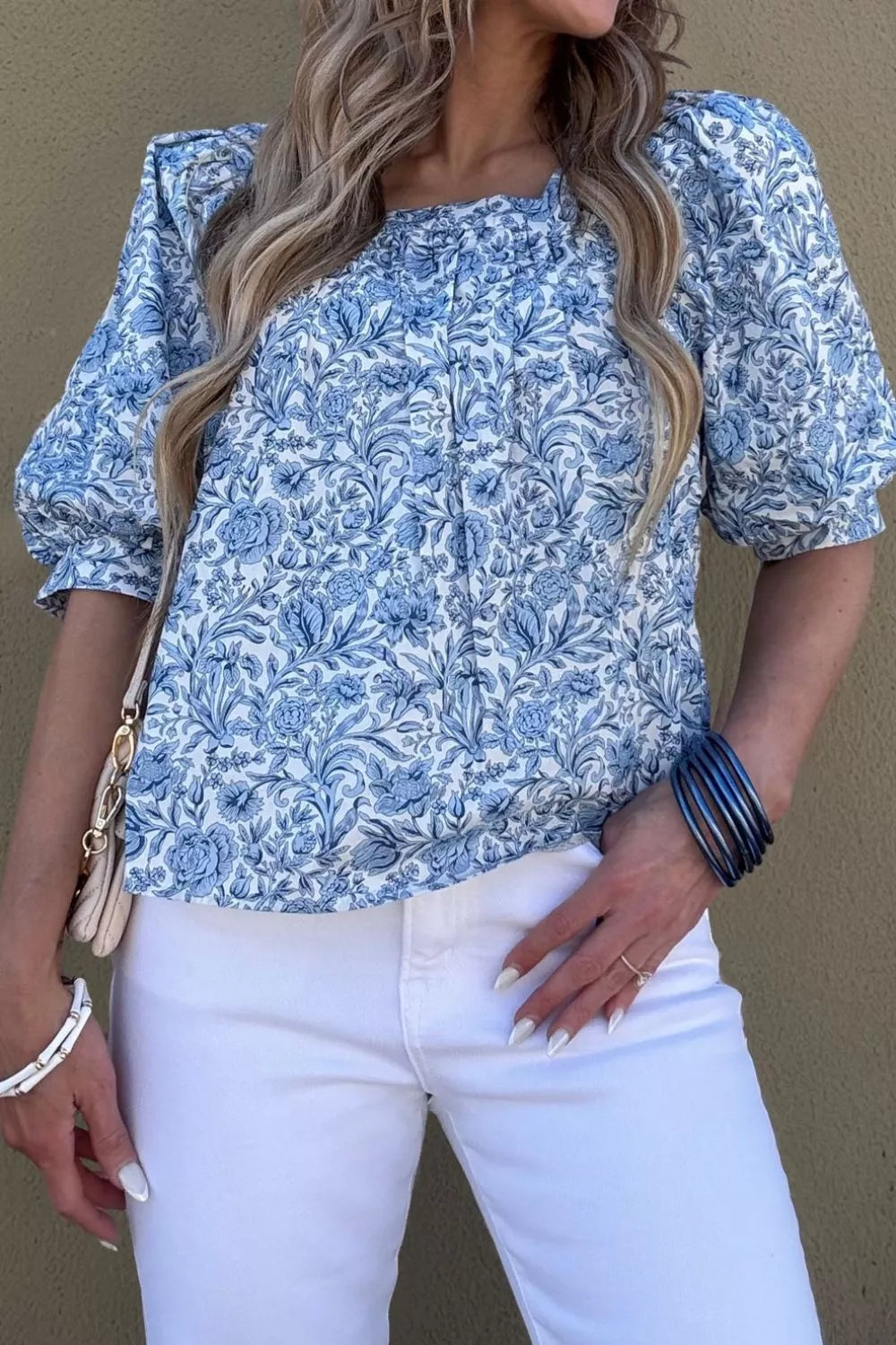 Square Neck Short Puff Sleeve Pleated Floral Blouse
