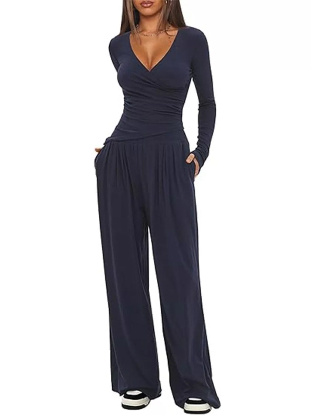 Casual Long Sleeve Top and Wide Leg Pants Set
