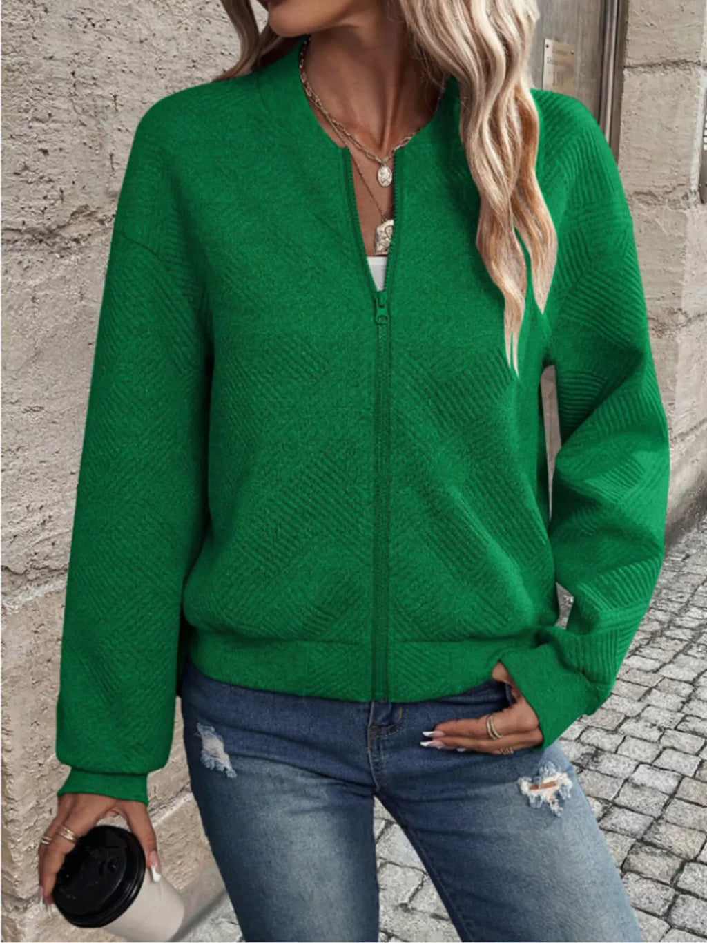 Textured Knit Zip-Up Bomber Jacket