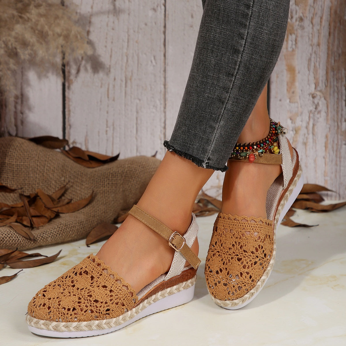 Floral Ankle Strap Espadrille Sandals
