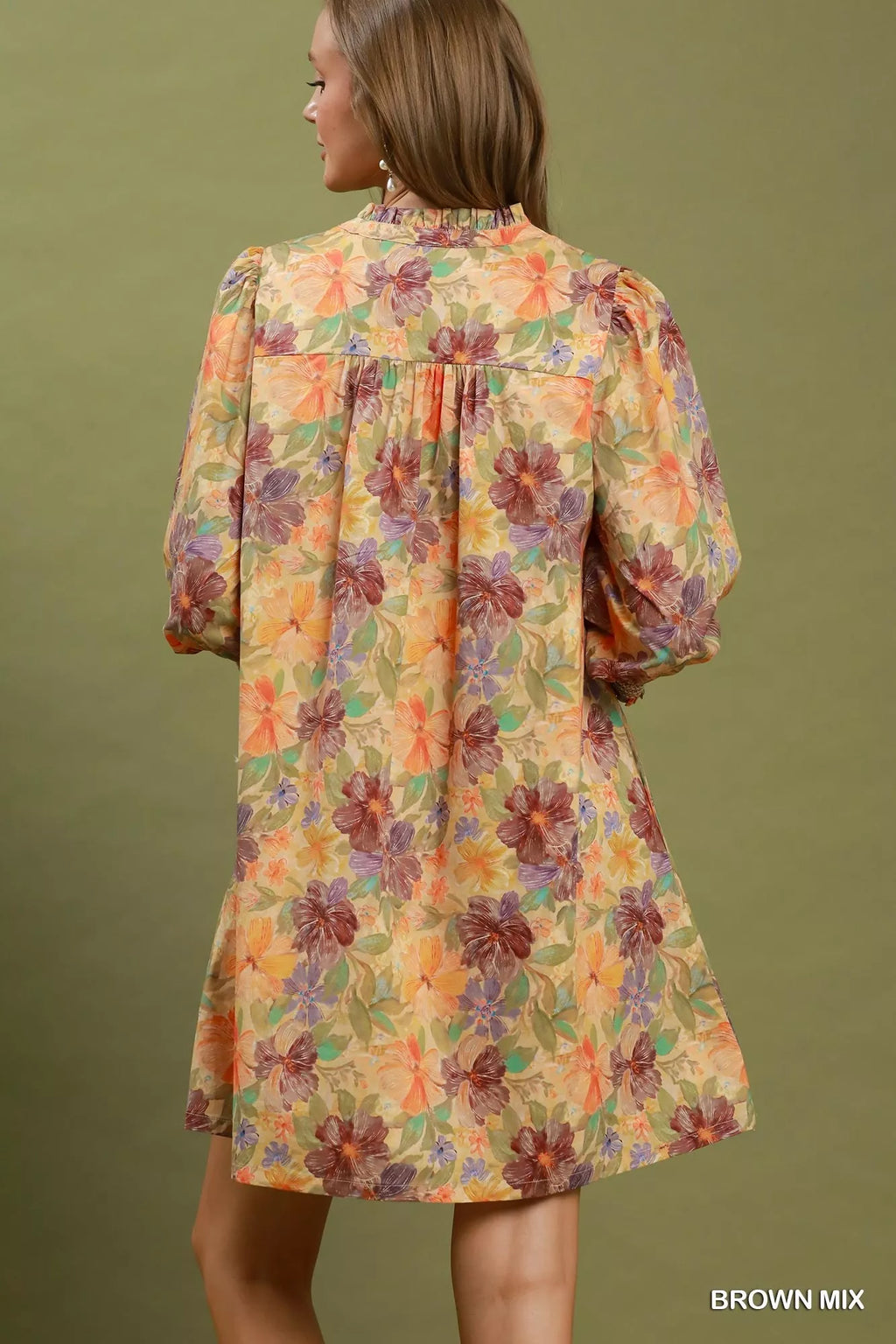 Umgee Mix Floral Print Smocked Cuff Mini Dress