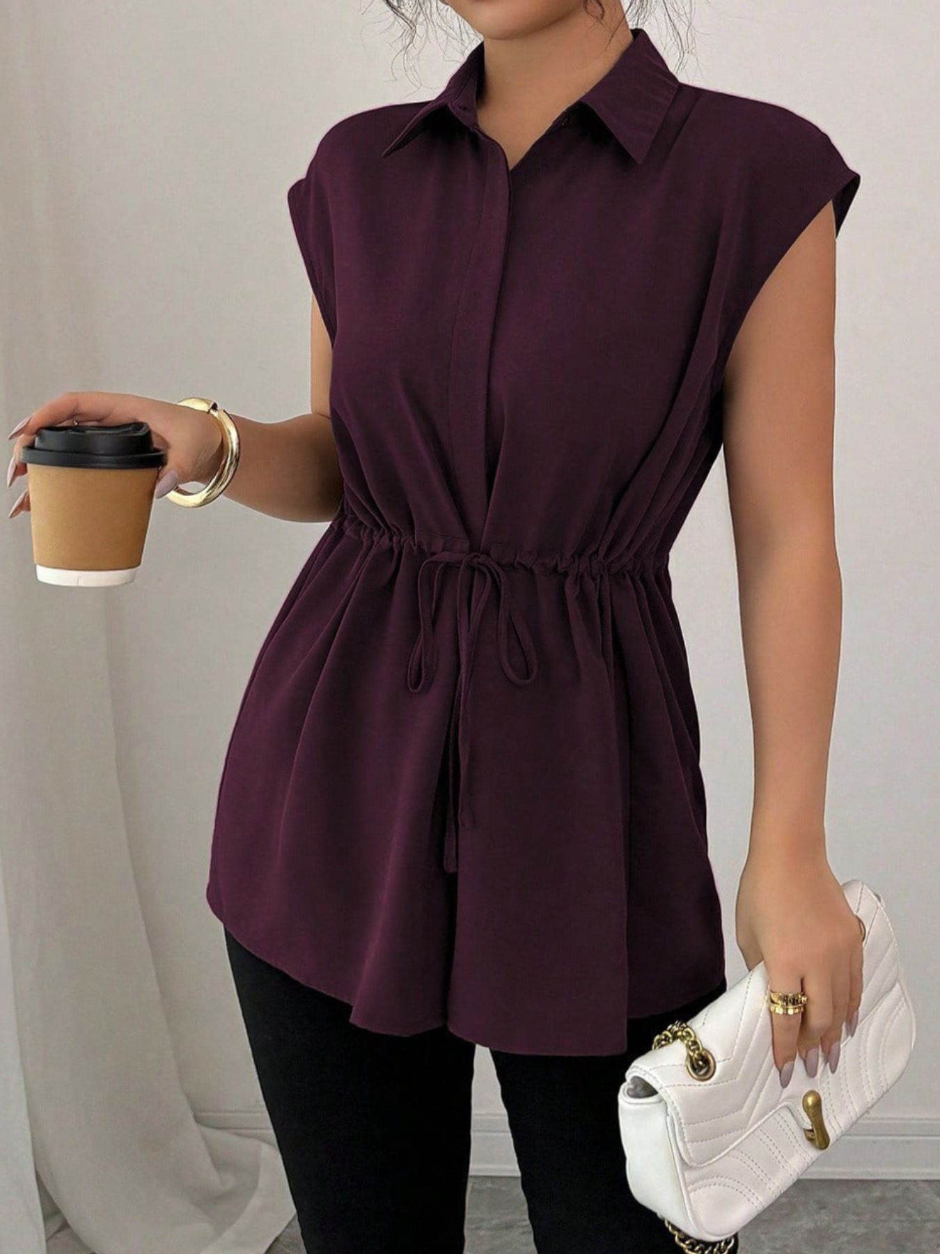 Drawstring Waist Cap Sleeve Shirt