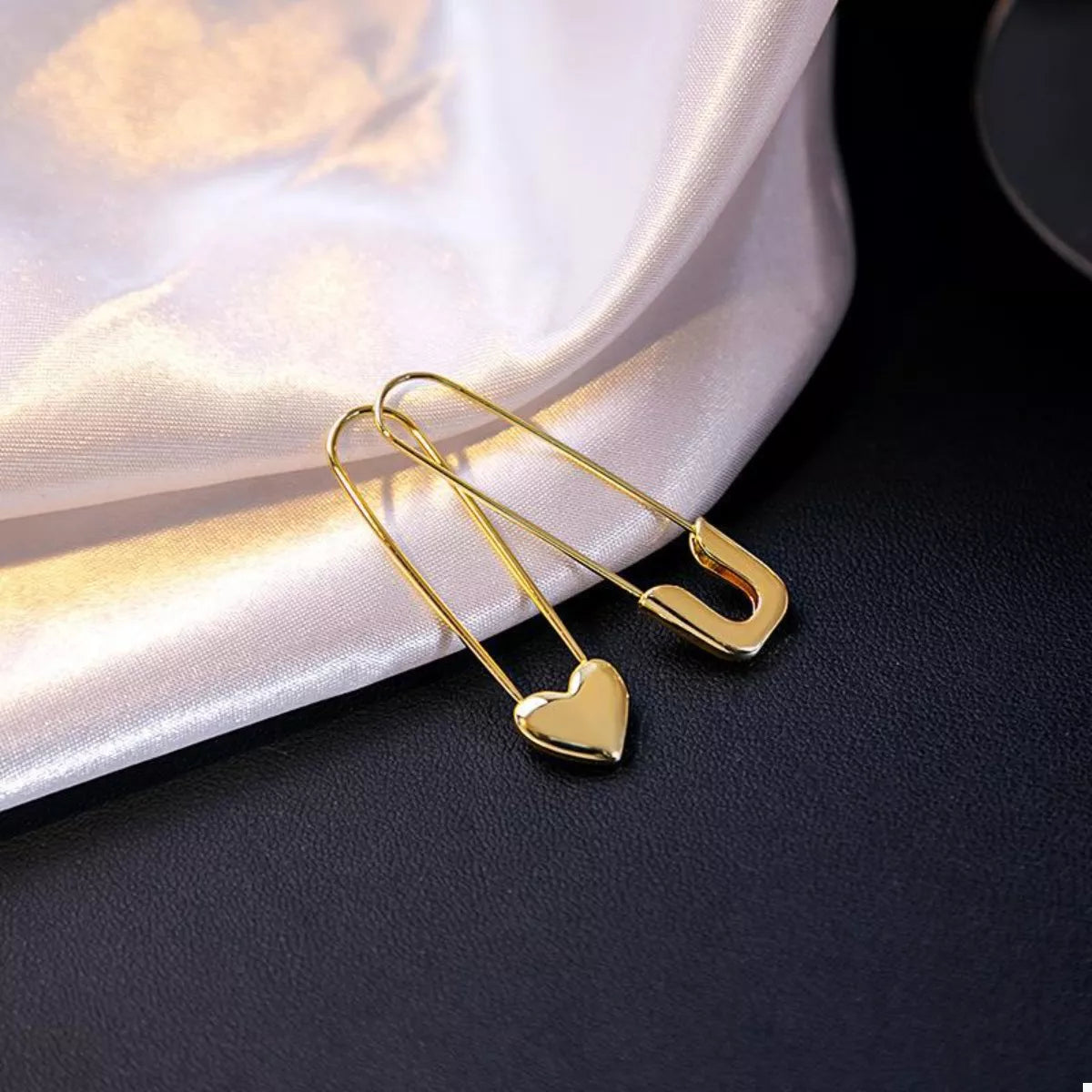 18K Gold-Plated Alloy Heart Safety Pin Drop Earrings