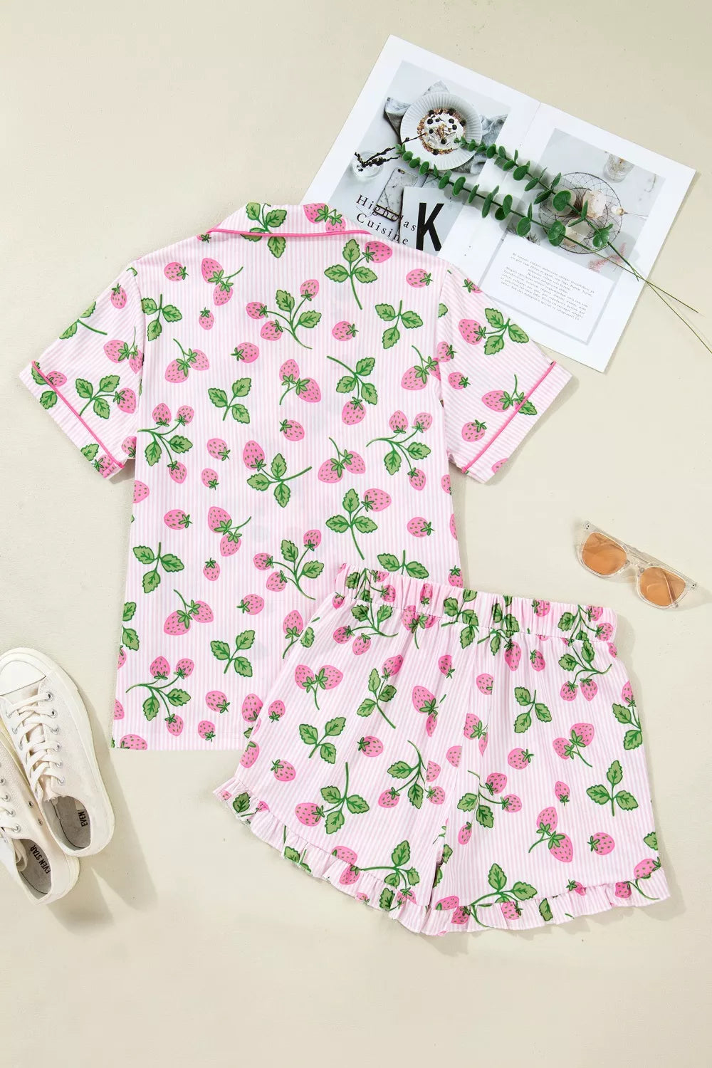 Striped Strawberry Print Lapel Shirt Drawstring Shorts 2pcs Pajama Set