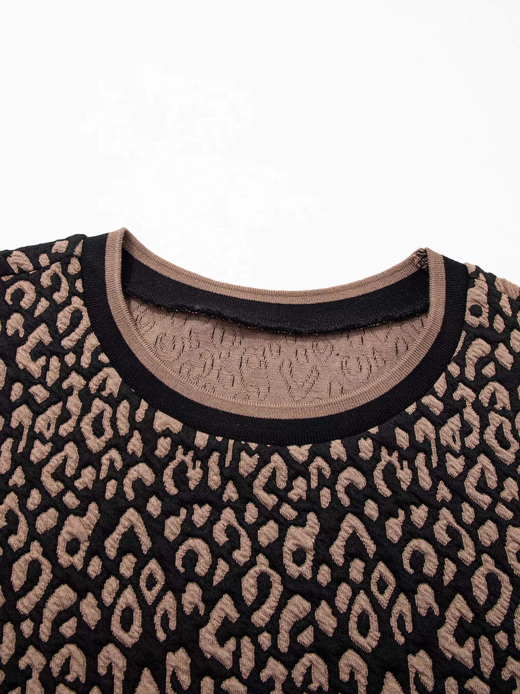 Leopard Print Puffy Bracelet Sleeve Contrast Trim Round Neck Top