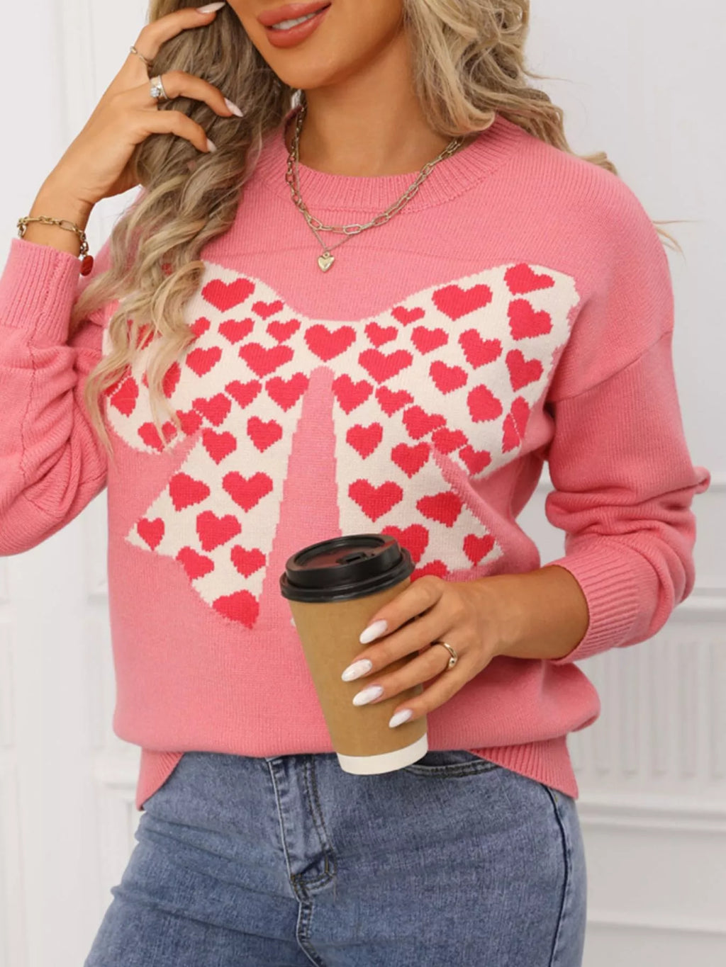 Valentine's Day Heart Bow Round Neck Sweater