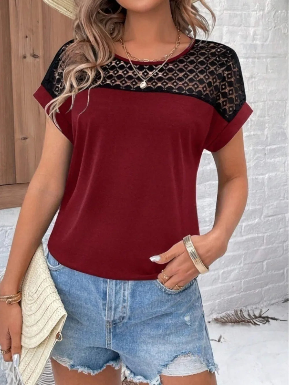 Contrast Lace Round Neck Short Sleeve Blouse