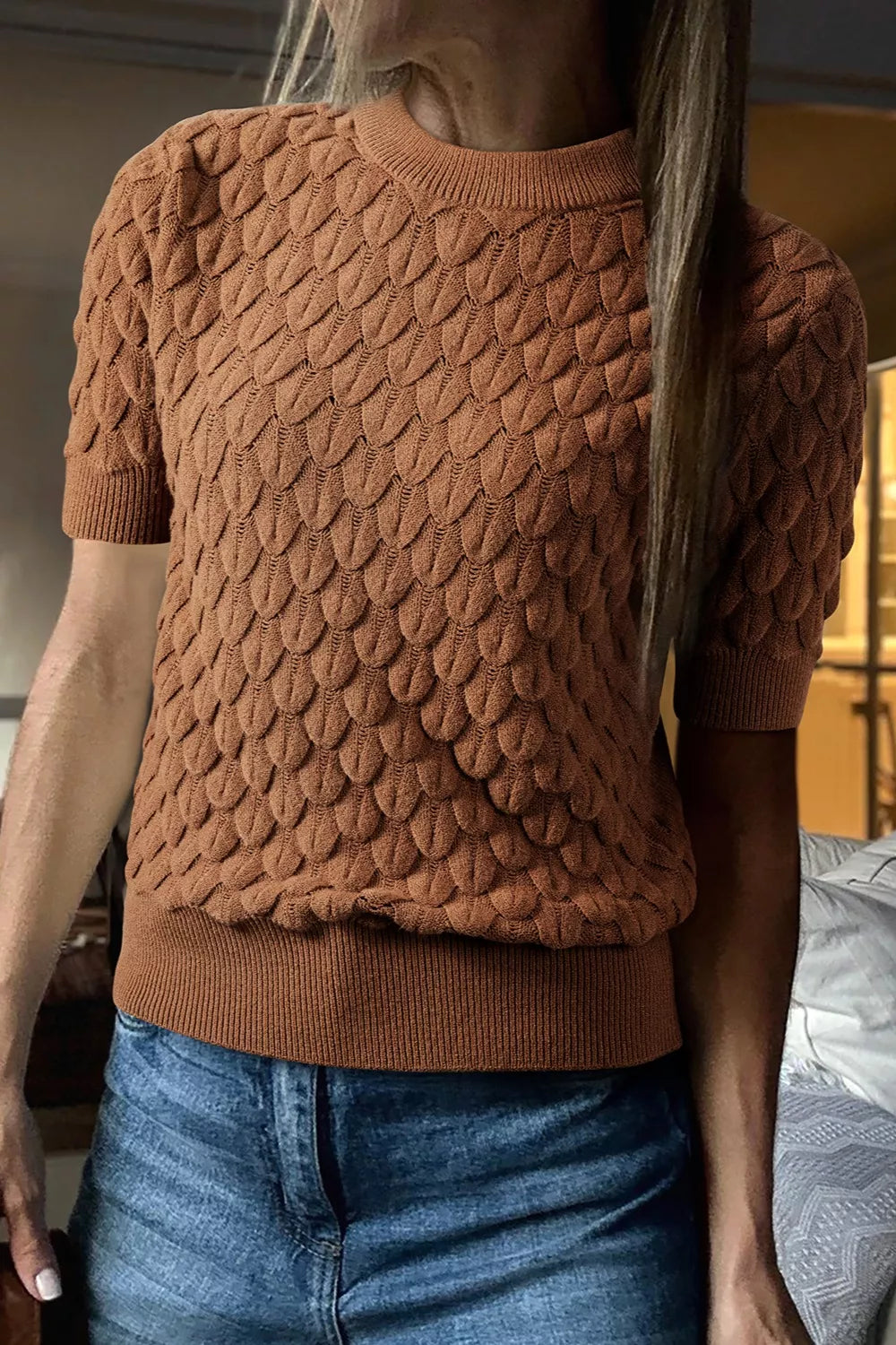 Textured Knit Short Sleeve Pullover