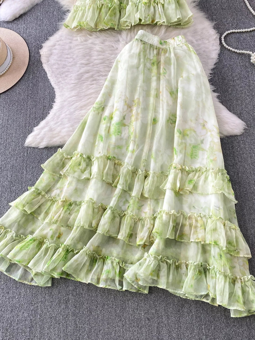 Floral Print Ruffle Hem Blouse and Skirt Set