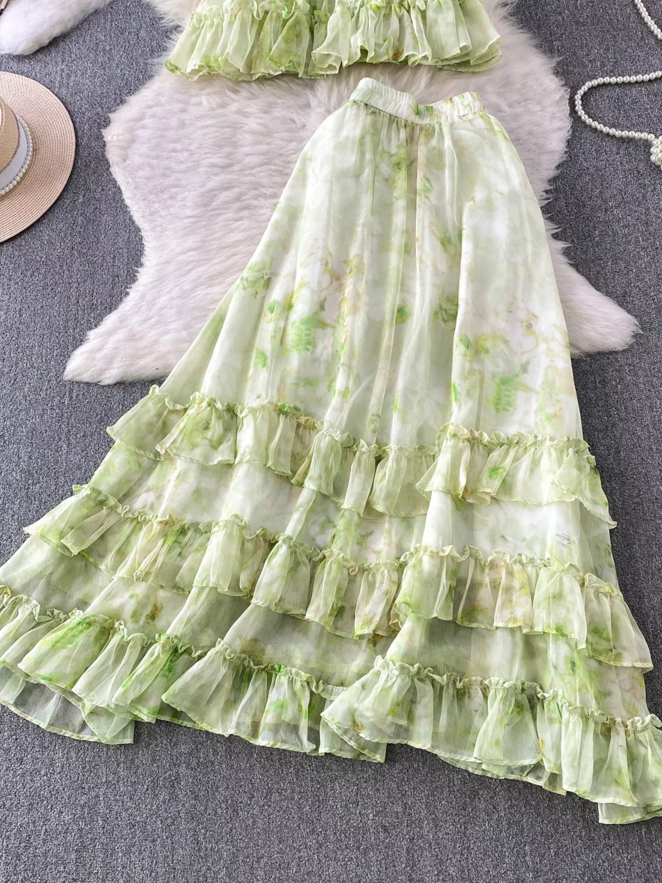 Floral Print Ruffle Hem Blouse and Skirt Set