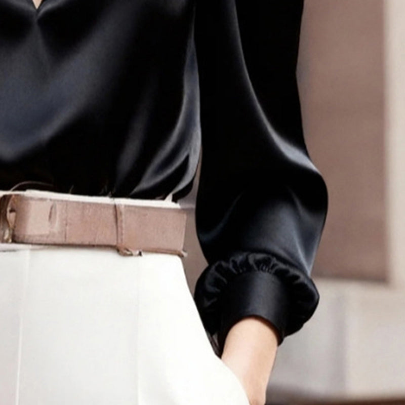 Women’s Satin V-Neck Long Sleeve Top – Slim Fit Solid Color Blouse