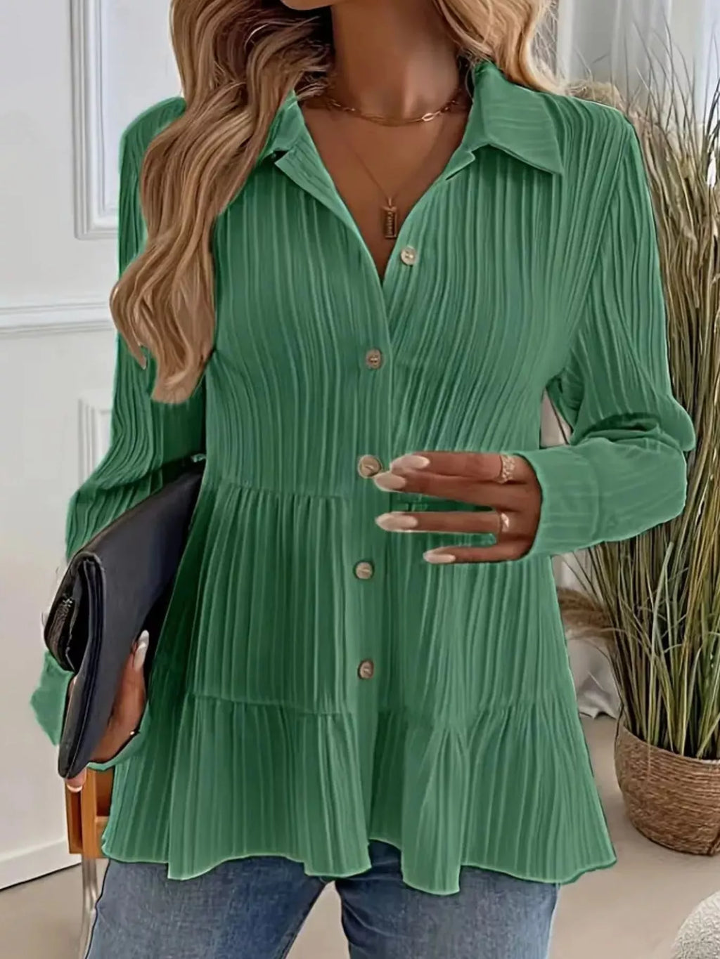 Button-Down Long Sleeve Tiered Shirt