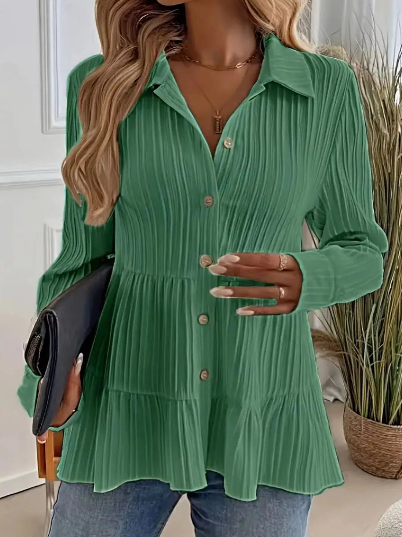Button-Down Long Sleeve Tiered Shirt