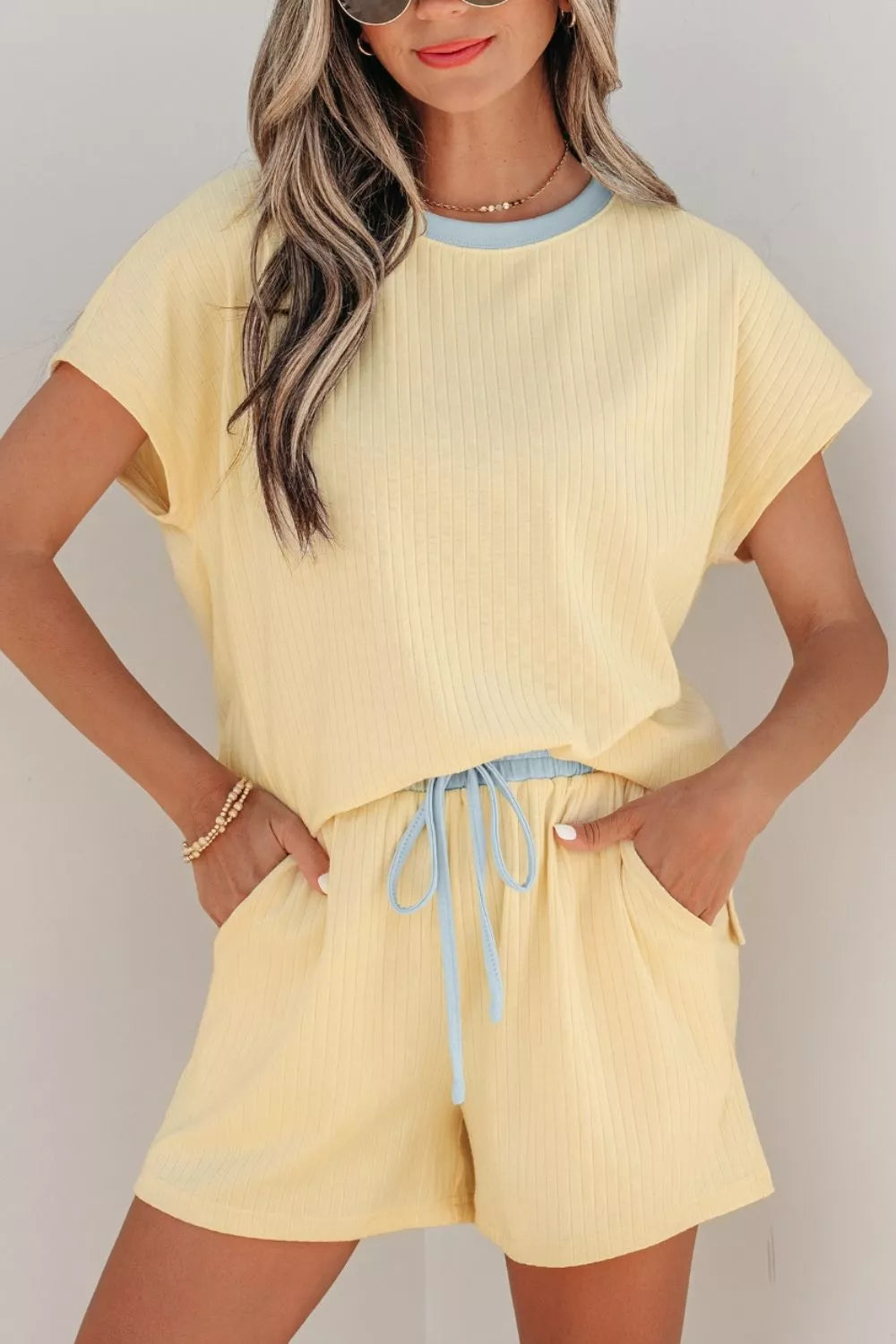 Soft Ribbed Color Block Trim Casual Short Set
