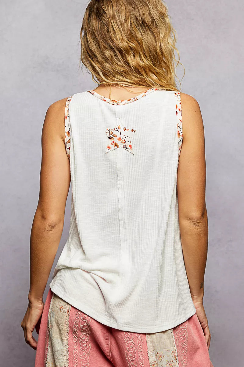 POL Floral Print Star Patch V-Neck Ribbed Tank
