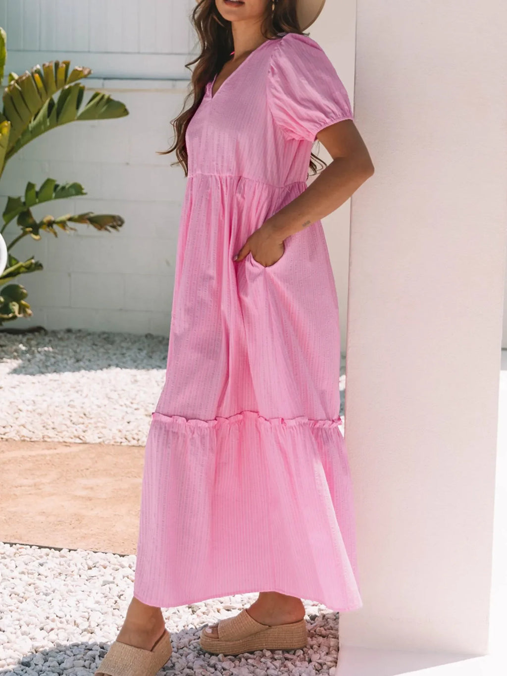 Striped Puff Sleeve V-Neck Maxi Dress