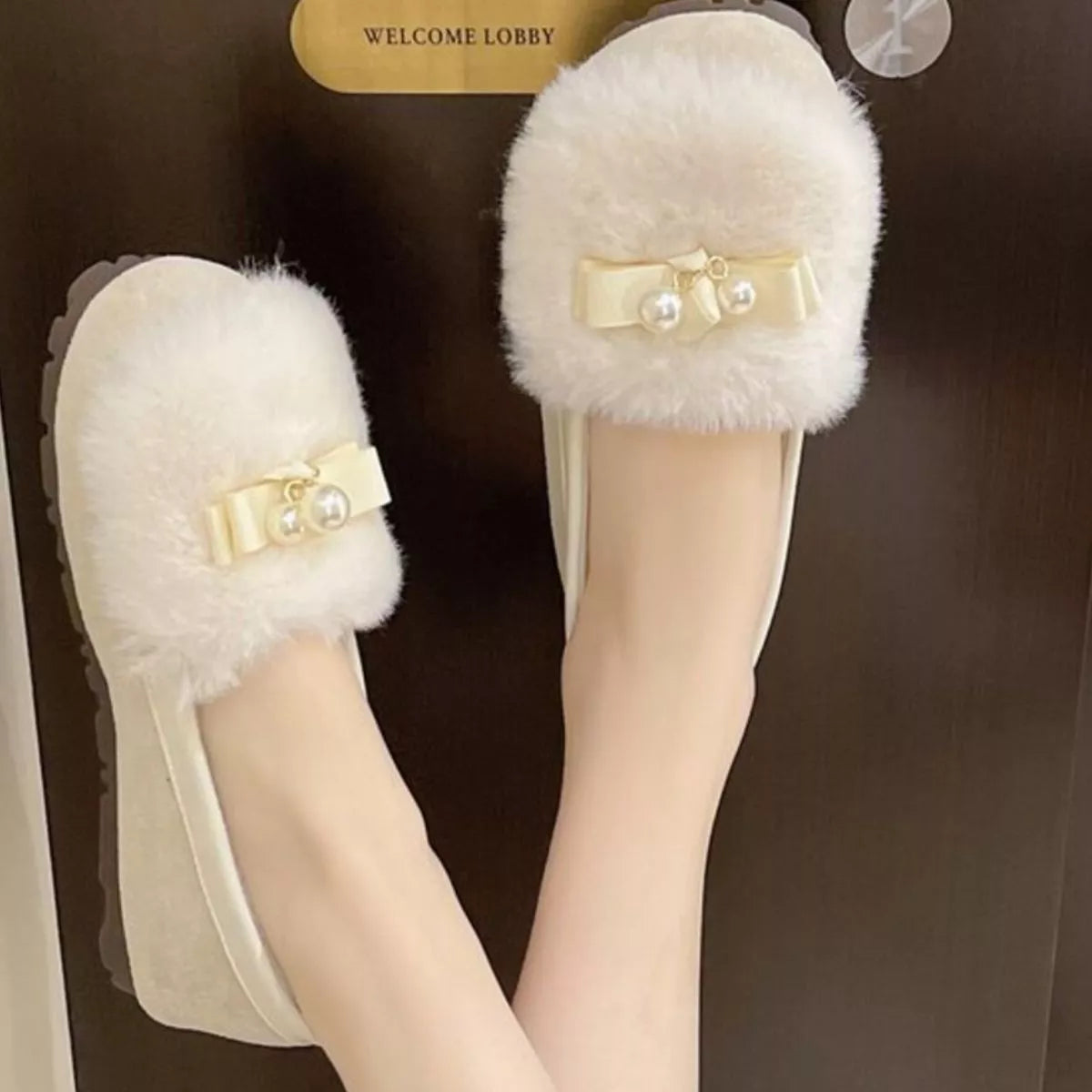 Fuzzy Pearl Bowknot Slip-Ons