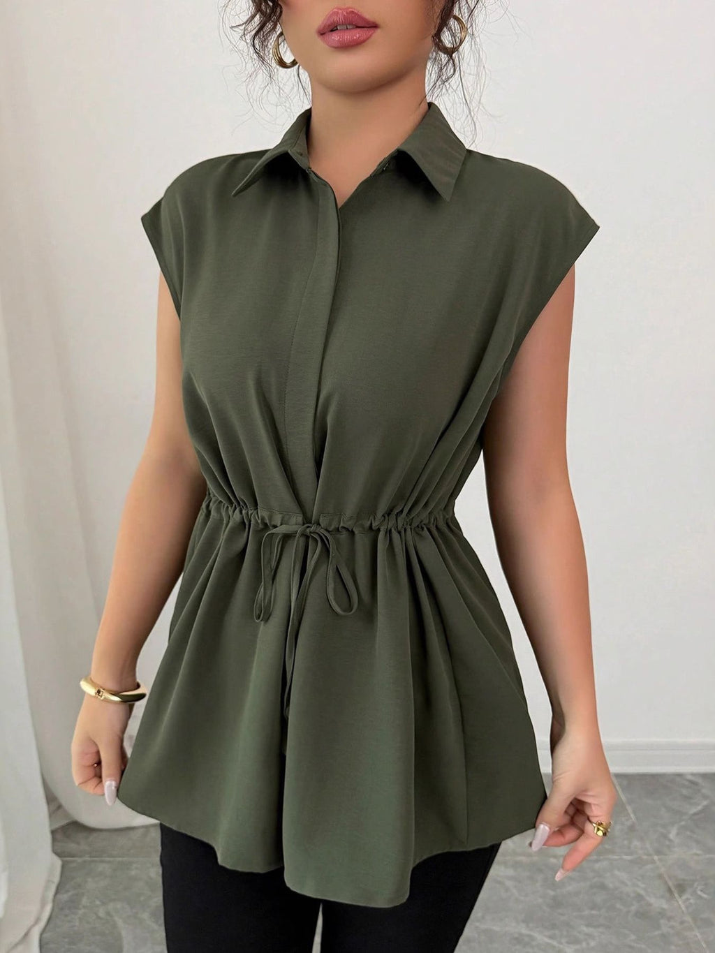 Drawstring Waist Cap Sleeve Shirt
